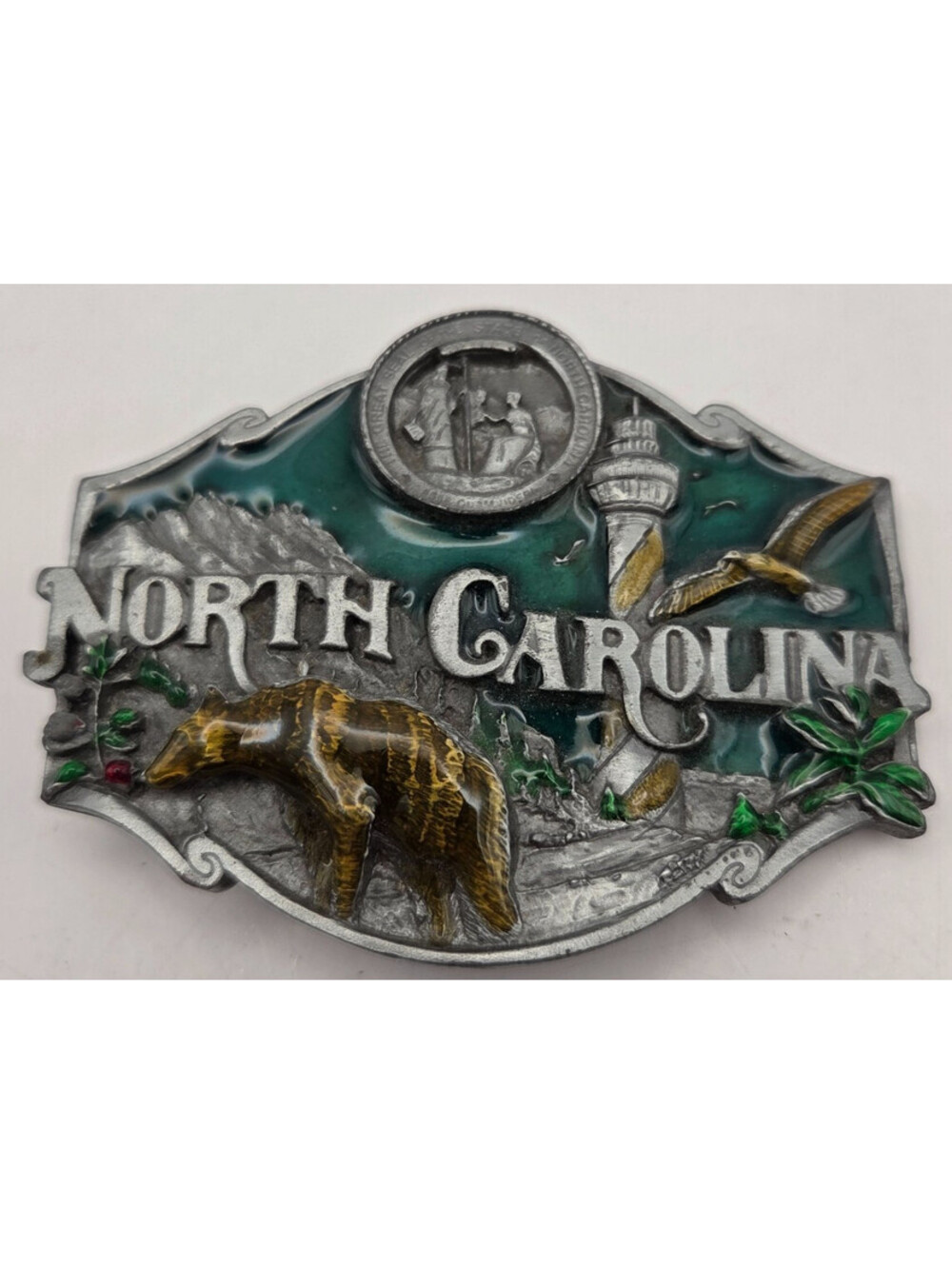 Vintage 1986 Siskiyou North Carolina L-55 Enamel Belt Buckle Bear USA